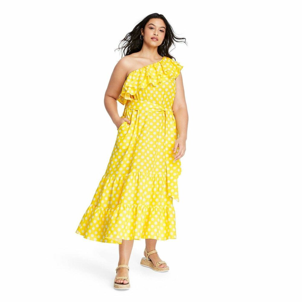 New Lisa Marie Fernandez Target Dress Polka Dot One Shoulder Yellow White Medium